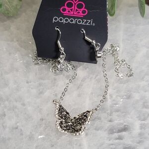 Paparazzi Silver and Grey Druzy Butterfly Necklace Set